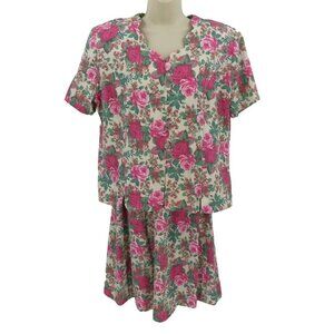 VTG Pablo Womens 14P Petite 14 Pink Rose Flower Skirt Blouse Set Grannycore Chic